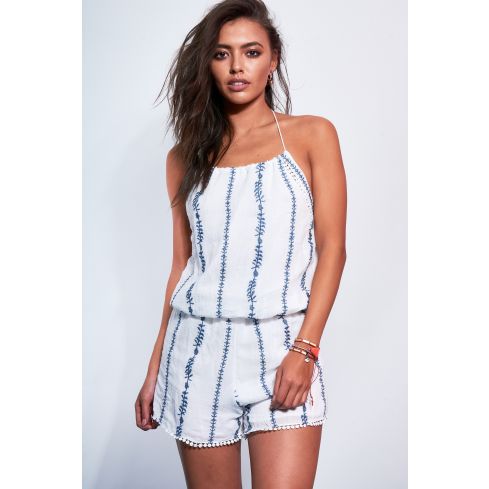 Parisian White Cotton Embroidered Playsuit With Halter Neck
