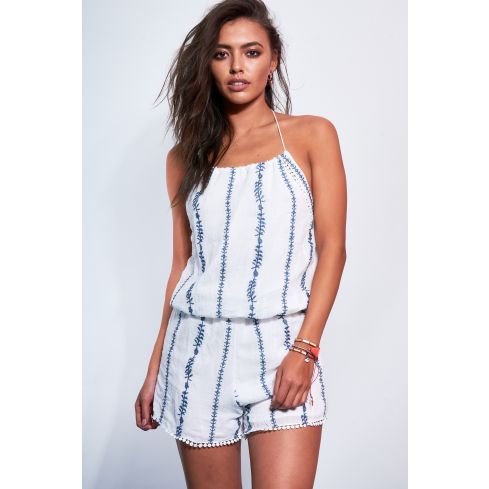 Parisiska vit bomull broderade Playsuit med grimma hals