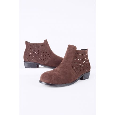 LMS Brown Suedette Flat Ankle Boot With Silver Studwork