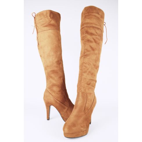 Lovemystyle Heeled Knee High Boots In Brown Faux Suede