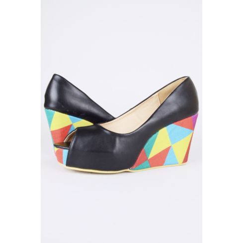 LMS Nero Peep Toe Wedge con stampa geometrica colorata sul tallone