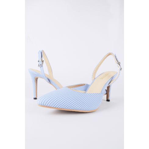 LMS Blue Pointed Toe Gingham Sling Back Court Shoe With Mid Heel