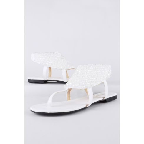 LMS White Flat Sandal With Toe Post And Beadwork
