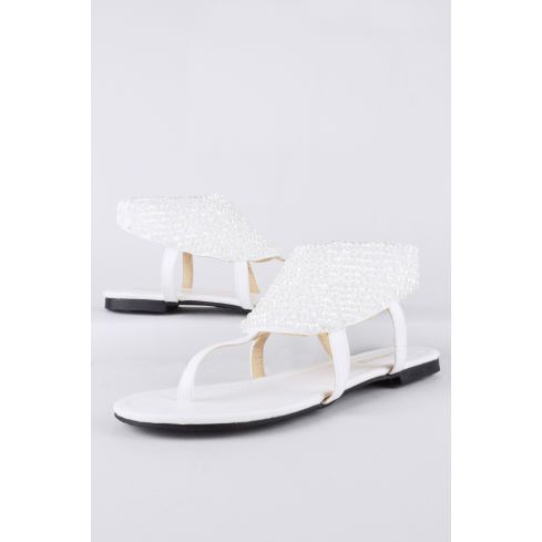 LMS vit platt Sandal med Toe Post och pärlarbete