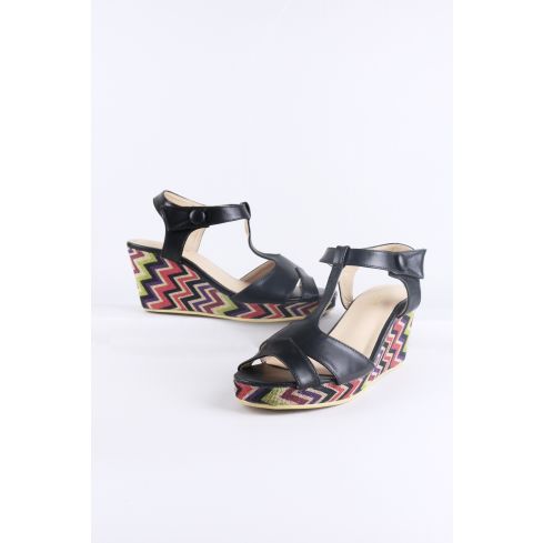 LMS Black Wedge Sandal With Zig-Zag Printed Sole