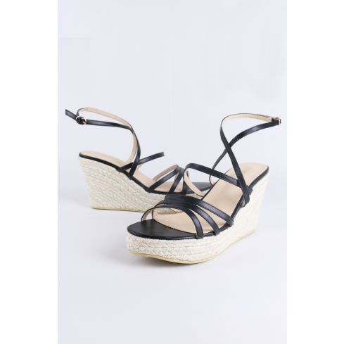 LMS Black Strappy Wedged Sandals With Rope Detail Soles
