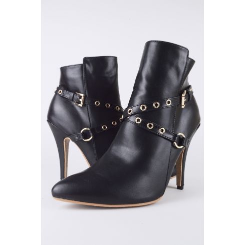 LMS Black Leather Heeled Boots With Studded Gold Cross Over Strap