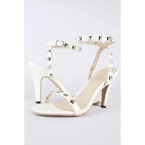 Lovemystyle Studded Barely There Patent Heels In Beige