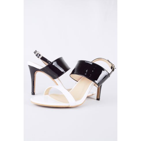 LMS Black & White Patent Sandal With Mid Heel