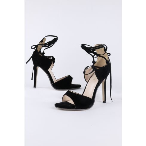Lovemystyle Suede Ankle Lace Heeled Sandals In Black