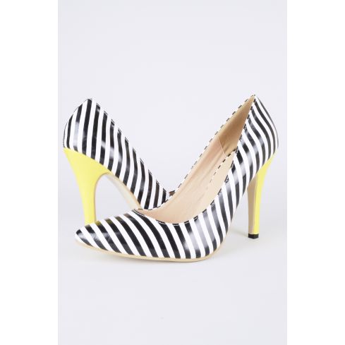 Lovemystyle Black And White Stripe Court Shoes With Yellow Heel