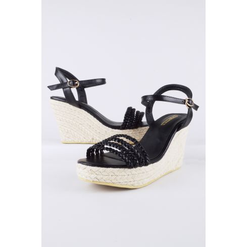LMS Black Wedge Plaited Sandal With Rope Sole