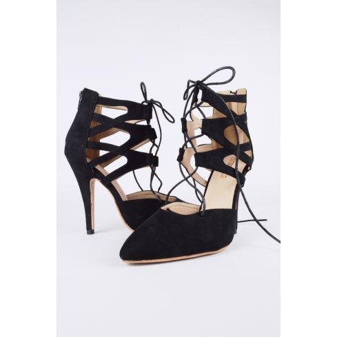 LMS Black Suede Pointed Toe Lace Up High Heel