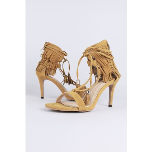 LMS Suede Ankle Lace Heels WIth Fringe Back In Brown
