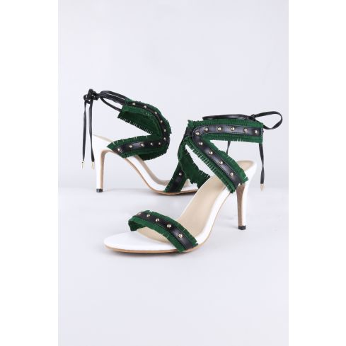 LMS Ankle Lace Heels WIth Green Fringe Straps