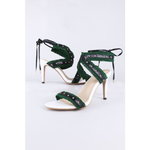 LMS tobillo encaje tacones con tiras de flecos verde