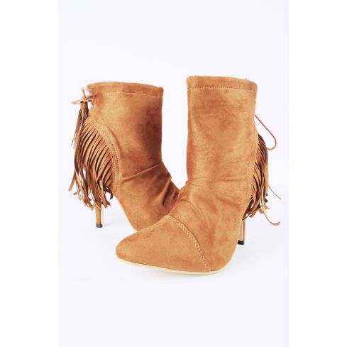 Lovemystyle Brown Suede Ankle Boots With Fringe Back Detail