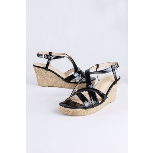 LMS Black Strappy Mid Height Wedged Sandal With Cork Sole
