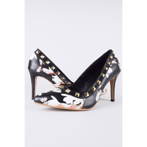 Lovemystyle Butterfly Print Black Court Shoes With Gold Studs