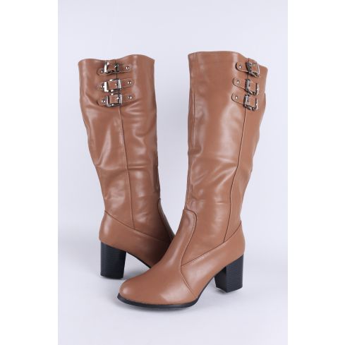 LMS Light Brown Faux Leather Block Heel Knee High Boot With Buckles