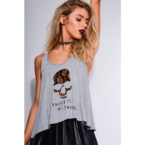Punkyfish Grey Crop Top With Cut Out Lace Skull