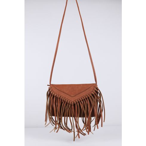 Lovemystyle Leather Side Bag With Tassels In Tan