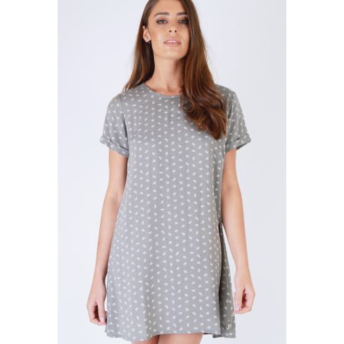 SHN Cuffed Slip Dress In Grey With White Leaf Print