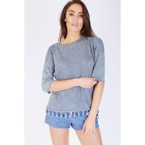 SHN marineblauw Top met franje Hem en terug Split