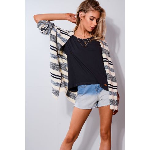 SHN Knitted Longline Blue And White Stripe Cardigan