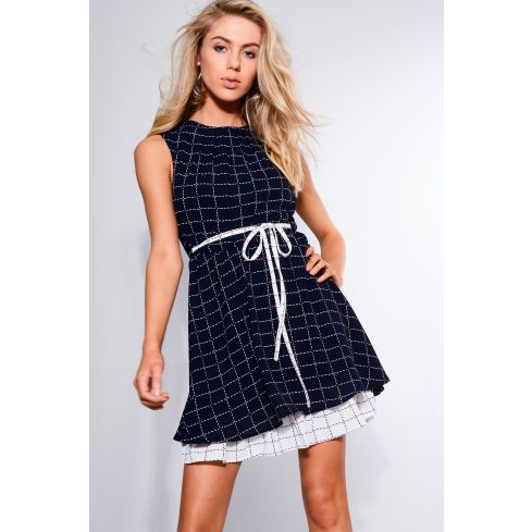 Style London Navy Checked Dress With Tiered Skirt And Tie Belt