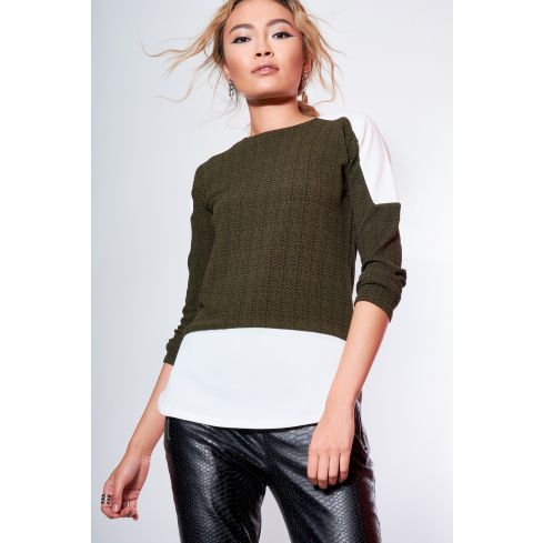 Style London Khaki Abstract Shirt Jumper With Shoulder Detail