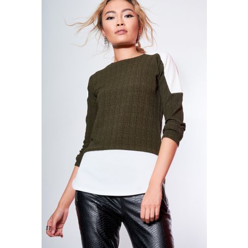 Style London Khaki abstrakt skjorta Jumper med axeln detalj