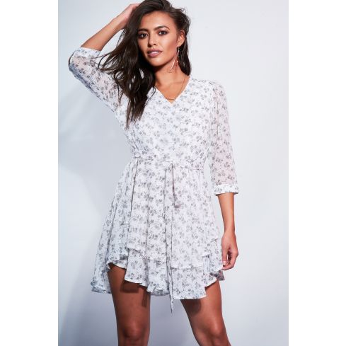 Style London White Floral Tiered Shirt Dress With Tie Waist