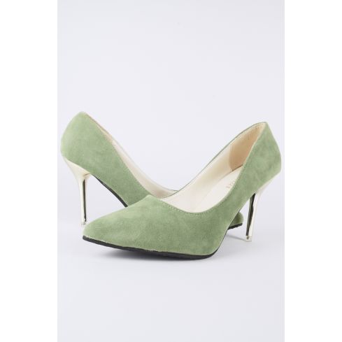 LMS Green Suede Heels With Pointed Toe And Gold Metallic Heel