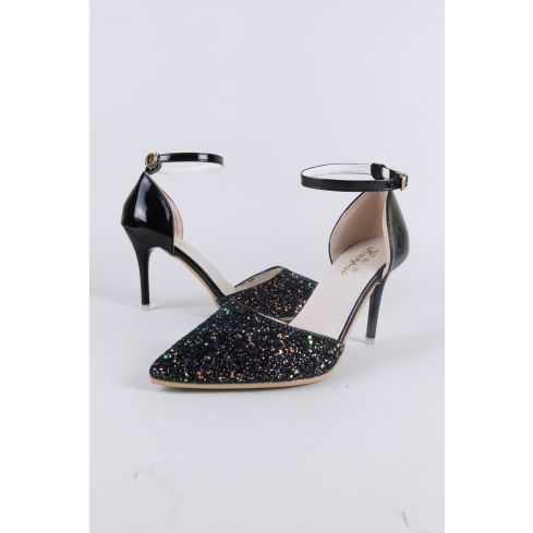 LMS Black Glitter Pointed Closed Toe Sandal With Ankle Strap