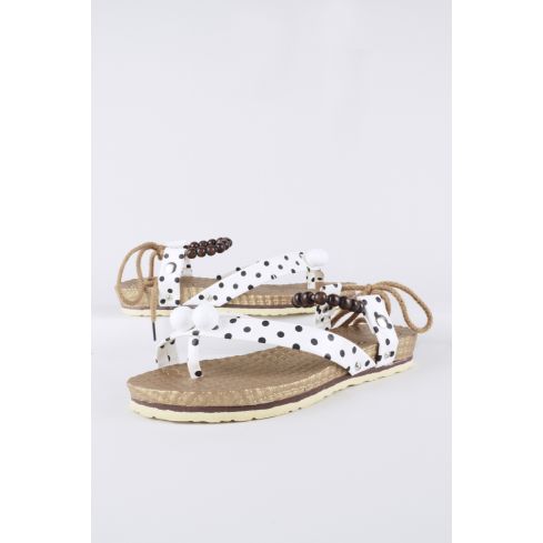 Lovemystyle White Polka Dot Flat Sandal With Bead Detail