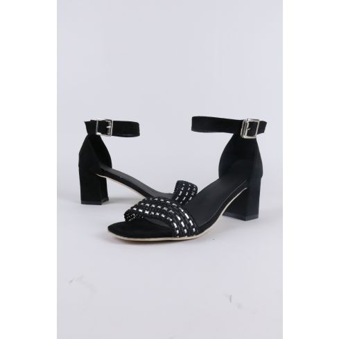 Lovemystyle Black Block Heel Sandal With Silver Weave Design