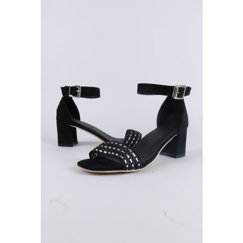 LMS Black Mid Heel Sandal With Silver Weave Detail