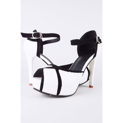 Sandalia de plataforma LMS blanco Peep Toe con patrón negro jaula