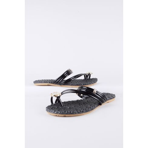 LMS Black Patent Flat Sandal With Gem Detail And Heart Toe Post