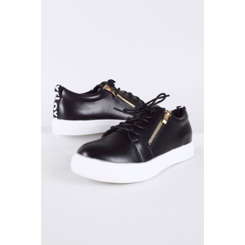 LMS-Black Lace Up Trainer mit Gold Zip und "LOVE"-Detail