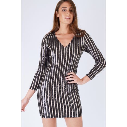 WYLDR Nude Bodycon Dress With Black Sequin Stripes