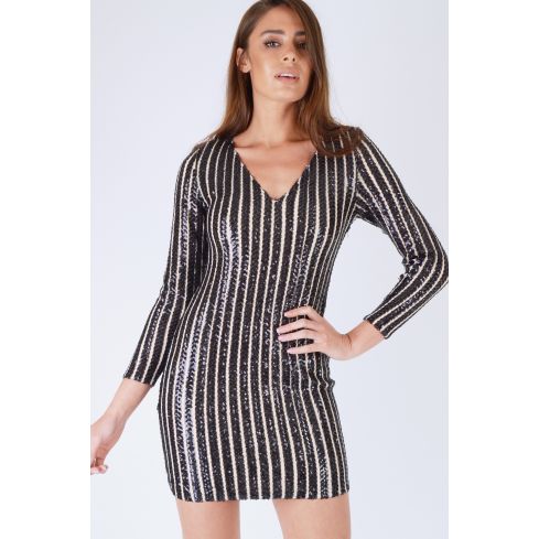 WYLDR Bodycon vestido Nude con lentejuelas negro rayas