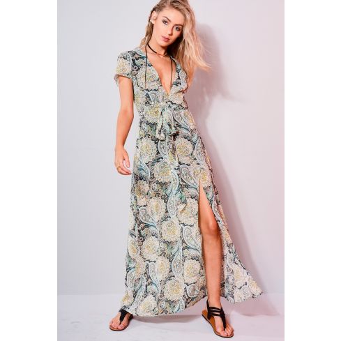 WYLDR Paisley Printed V Neck Maxi Dress With Front Split