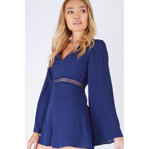 WYLDR Navy Blue V-Neck Playsuit With Waistline Crochet