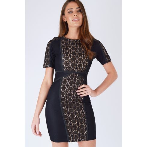 WYLDR Nude Bodycon Dress With black Lace Overlay