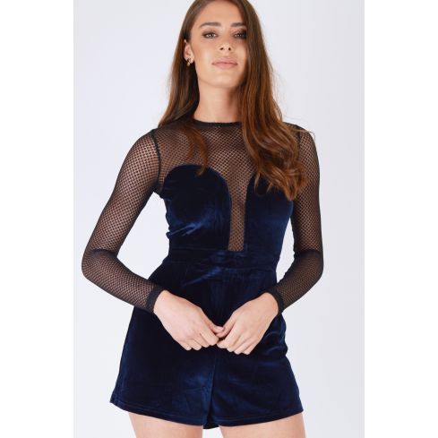 WYLDR Navy Blue Velvet Playsuit mit Mesh-Detail