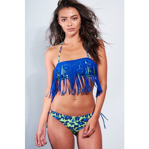 LMS sin tirantes leopardo imprimir Bikini con detalle de flecos azul