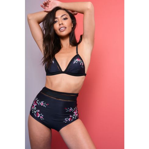 LMS zwarte hoge taille Bikini Set met Mesh en florale Detail