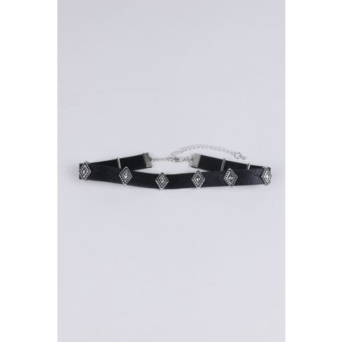 Lovemystyle Black Leather Choker With Pewter Diamonds